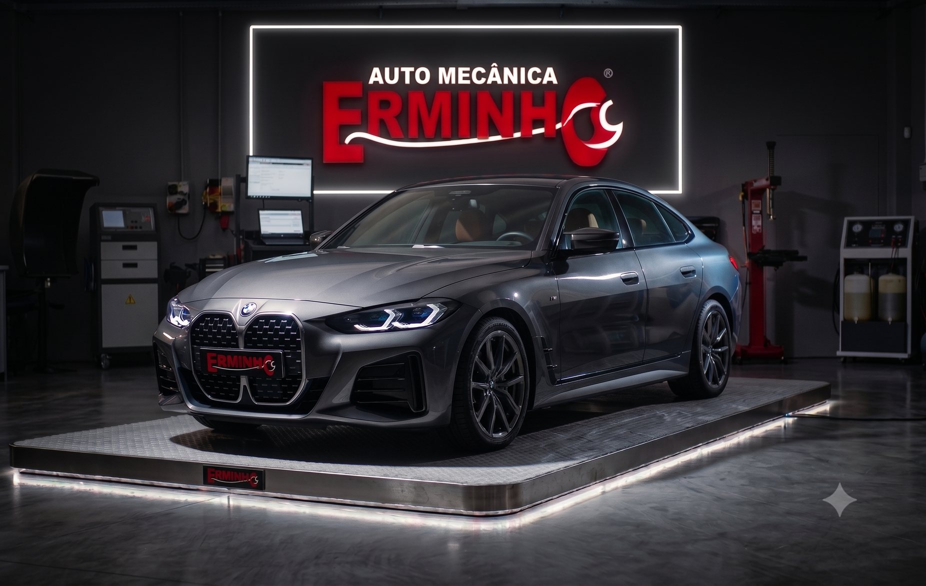 BMW cinza na plataforma da Auto Mecânica Erminho, sob o letreiro da oficina